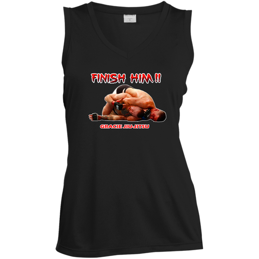 Artichoke Fight Gear Custom Design #8. Finish Him! Ladies' Sleeveless V-Neck Performance Tee