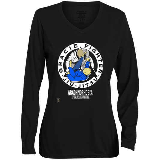 Artichoke Fight Gear Custom Design #1. Arachnophobia: Fear of Spiders. Spider Guard. It's a Jiu Jitsu Thing. Ladies' Moisture-Wicking Long Sleeve V-Neck Tee