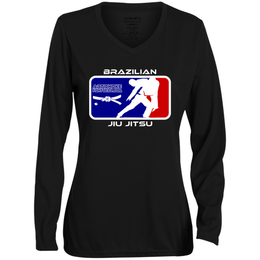 Artichoke Fight Gear Custom Design #4. MLB style BJJ. Ladies' Moisture-Wicking Long Sleeve V-Neck Tee