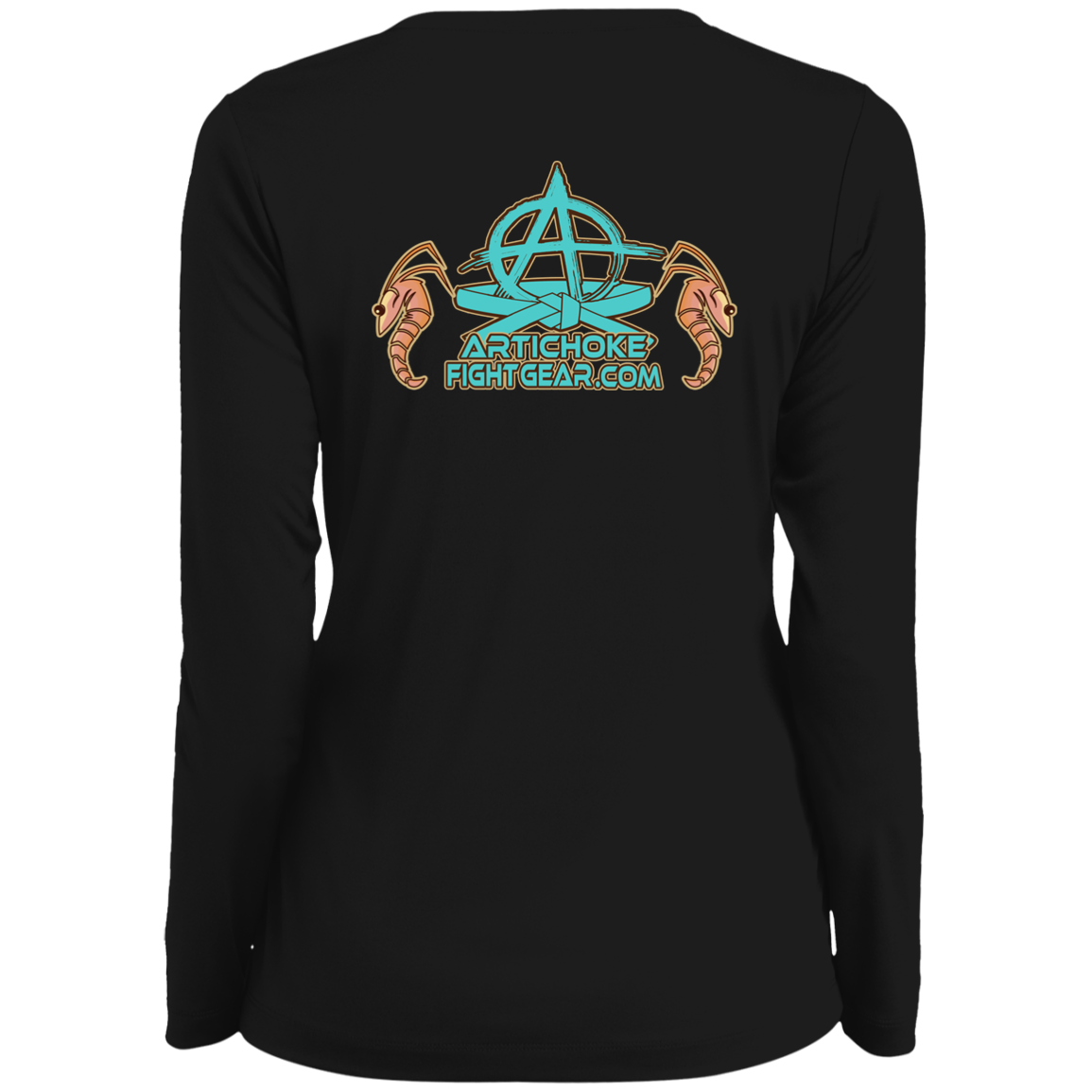 Artichoke Fight Gear Custom Design #18. Shrimpin ain't Easy. Ladies' Moisture-Wicking Long Sleeve V-Neck Tee