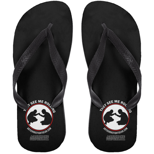 Artichoke Fight Gear Custom Design #16. They See Me Rolling. Adult Flip Flops