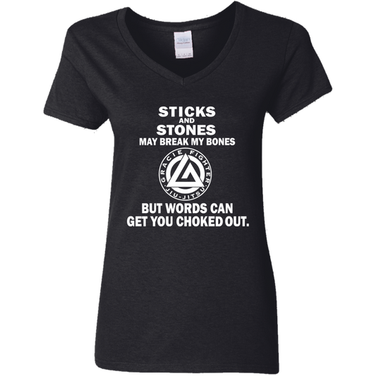 Artichoke Fight Gear Custom Design #19. Sticks and Stones. Ladies' 100% Cotton V-Neck T-Shirt