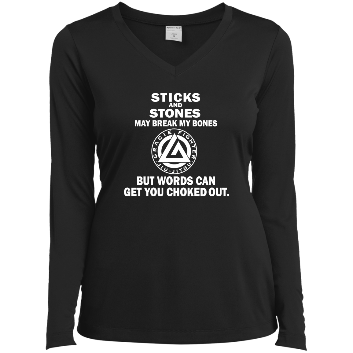 Artichoke Fight Gear Custom Design #19. Sticks and Stones. Ladies’ Long Sleeve Performance V-Neck Tee