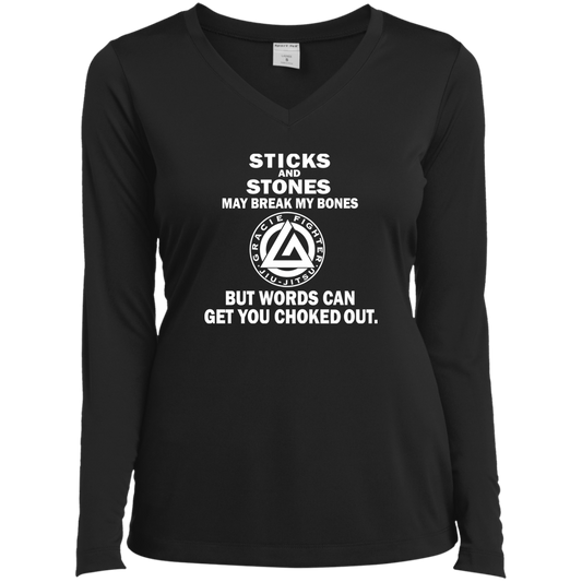 Artichoke Fight Gear Custom Design #19. Sticks and Stones. Ladies’ Long Sleeve Performance V-Neck Tee