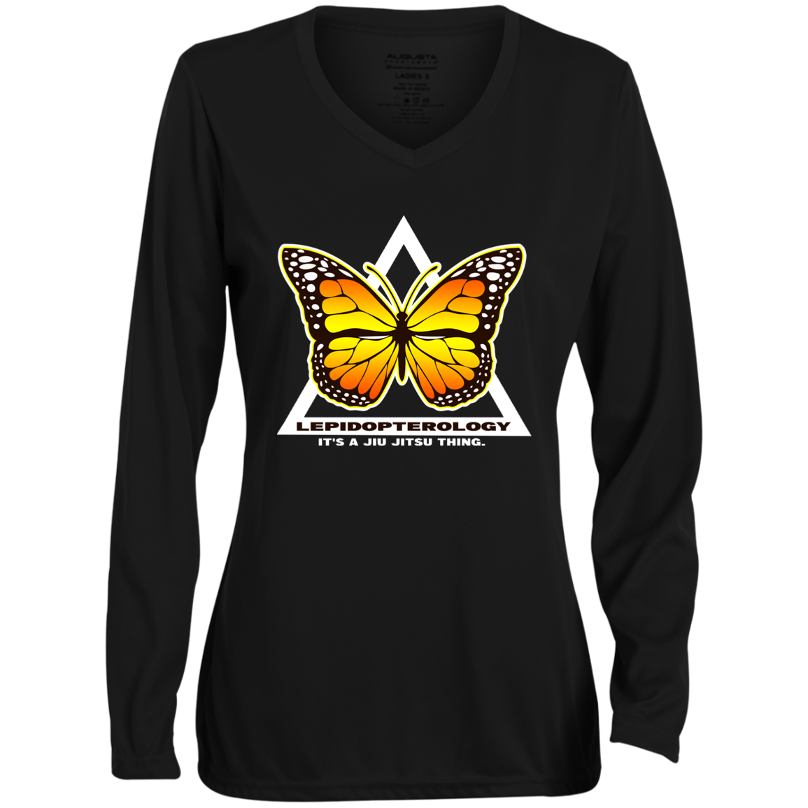 Artichoke Fight Gear Custom Design #6. Lepidopterology (Study of butterflies). Butterfly Guard. Ladies' Moisture-Wicking Long Sleeve V-Neck Tee