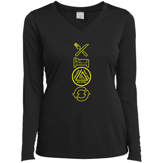 Artichoke Fight Gear Custom Design #9. EAT. SLEEP. JIU JITSU. REPEAT. Ladies’ Long Sleeve Performance V-Neck Tee