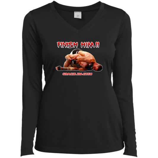 AFG Custom Design #08. FINISH HIM! Ladies’ Long Sleeve Performance V-Neck Tee