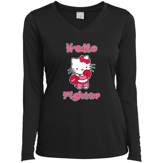 Artichoke Fight Gear Custom Design #11. Hello Fighter. Ladies’ Long Sleeve Performance V-Neck Tee