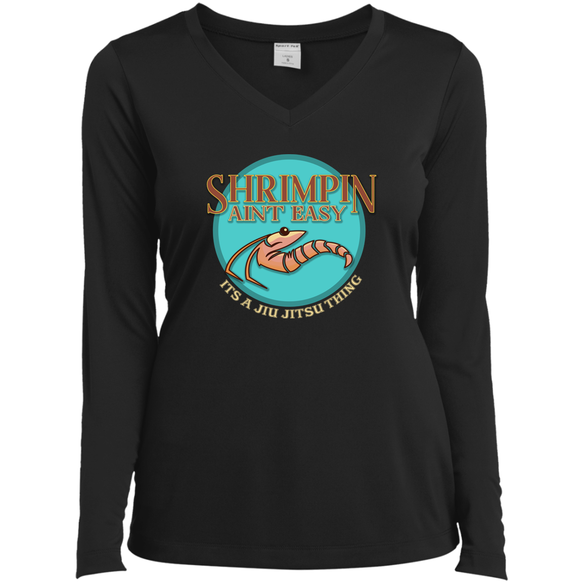 Artichoke Fight Gear Custom Design #18. Shrimpin ain't Easy. Ladies’ Long Sleeve Performance V-Neck Tee