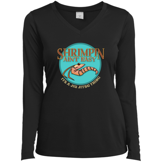 Artichoke Fight Gear Custom Design #18. Shrimpin ain't Easy. Ladies’ Long Sleeve Performance V-Neck Tee