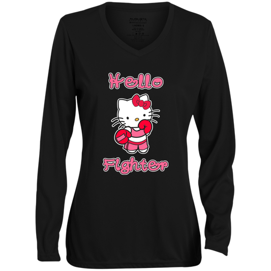 Artichoke Fight Gear Custom Design #11. Hello Fighter. Ladies' Moisture-Wicking Long Sleeve V-Neck Tee