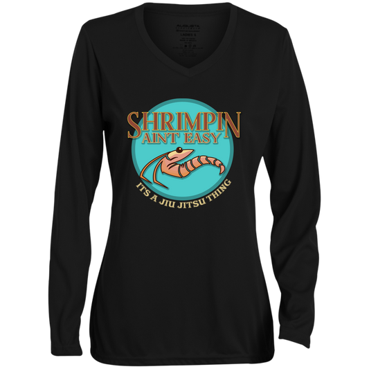 Artichoke Fight Gear Custom Design #18. Shrimpin ain't Easy. Ladies' Moisture-Wicking Long Sleeve V-Neck Tee