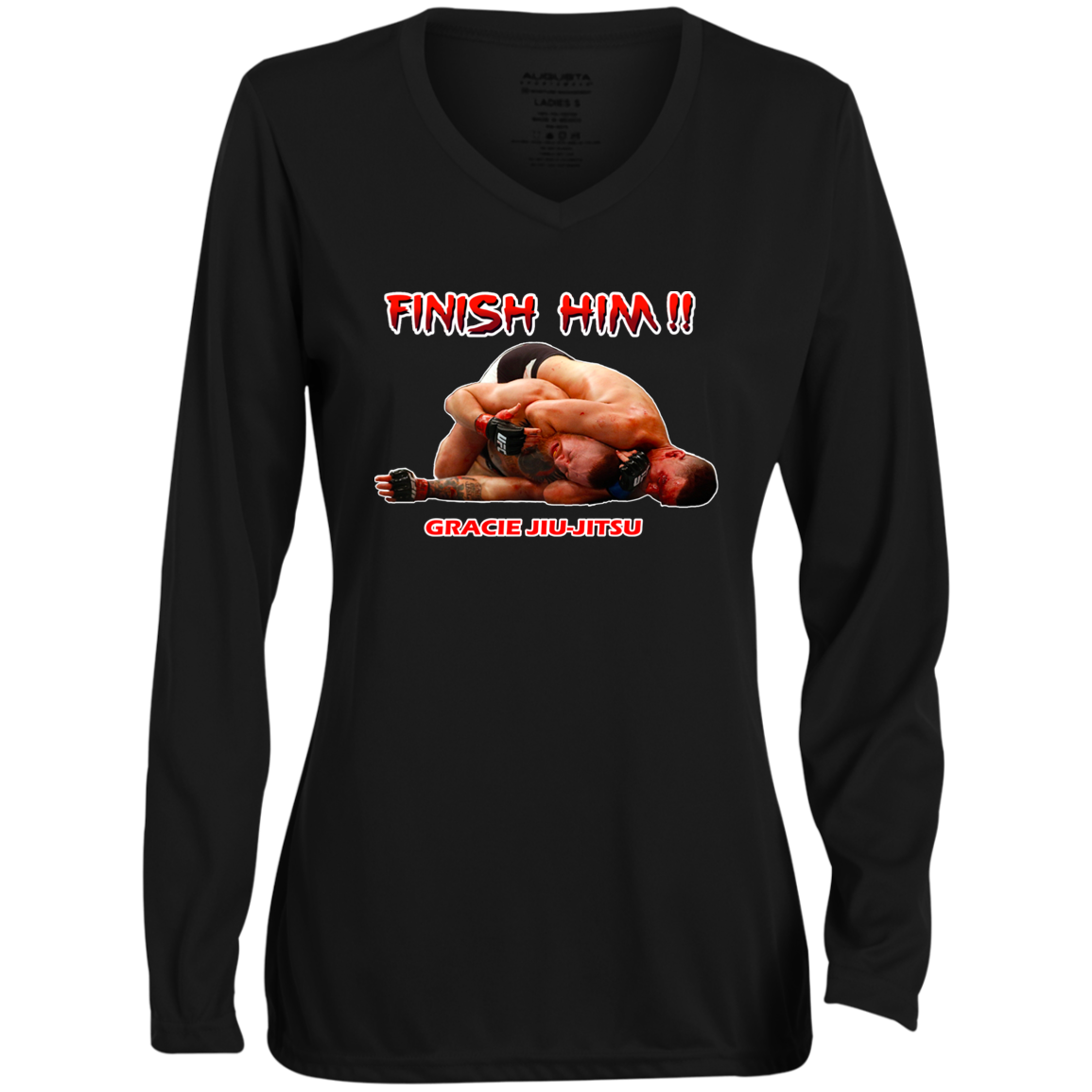 AFG Custom Design #08. FINISH HIM! Ladies' Moisture-Wicking Long Sleeve V-Neck Tee