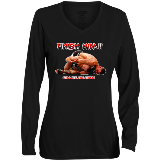 AFG Custom Design #08. FINISH HIM! Ladies' Moisture-Wicking Long Sleeve V-Neck Tee