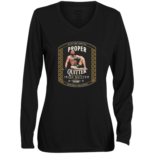 Artichoke Fight Gear Custom Design #15. Proper Quitter. Ladies' Moisture-Wicking Long Sleeve V-Neck Tee