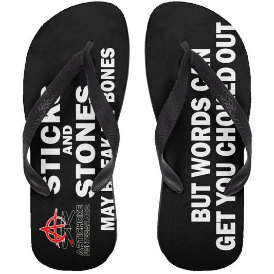 Artichoke Fight Gear Custom Design #19. Sticks and Stones. Adult Flip Flops