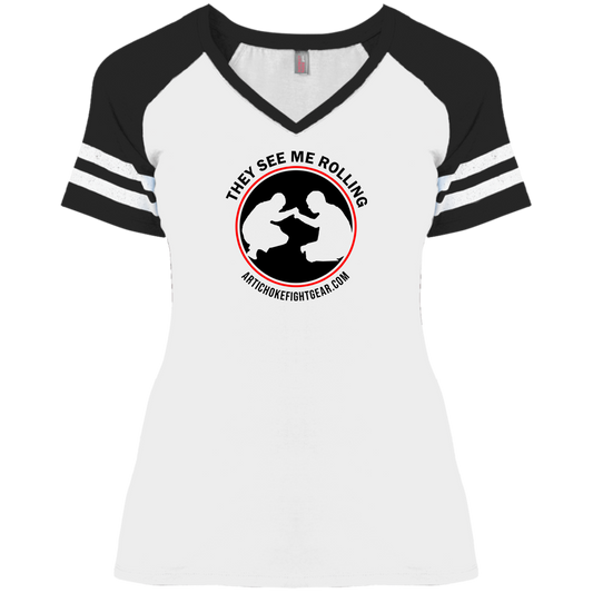 Artichoke Fight Gear Custom Design #16. They See Me Rolling. Ladies' Game V-Neck T-Shirt