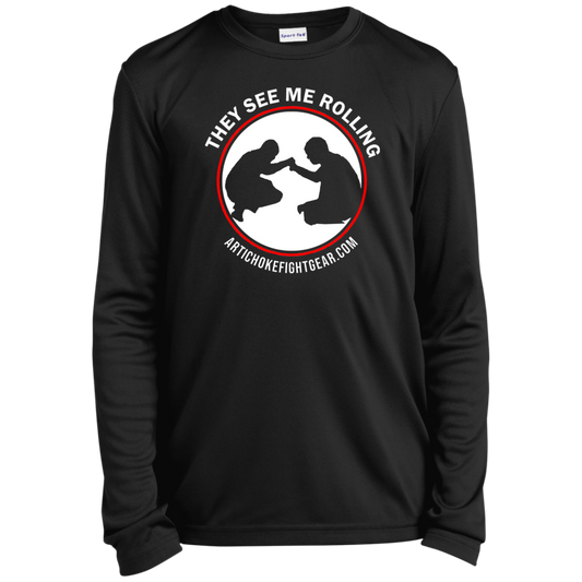 Artichoke Fight Gear Custom Design #16. They See Me Rolling. Youth Long Sleeve Performance Tee