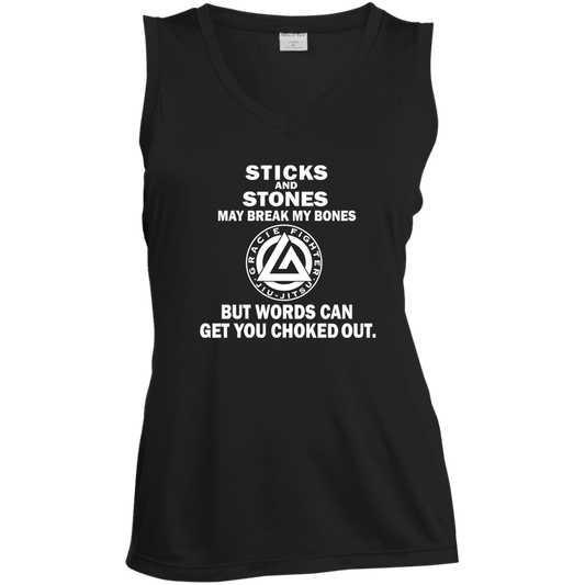 Artichoke Fight Gear Custom Design #19. Sticks and Stones. Ladies' Sleeveless V-Neck Performance Tee