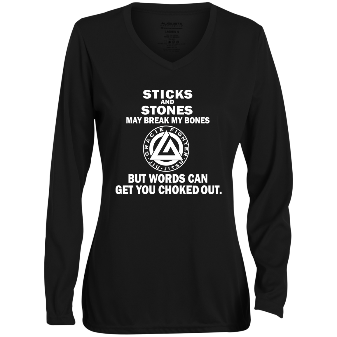 Artichoke Fight Gear Custom Design #19. Sticks and Stones. Ladies' Moisture-Wicking Long Sleeve V-Neck Tee