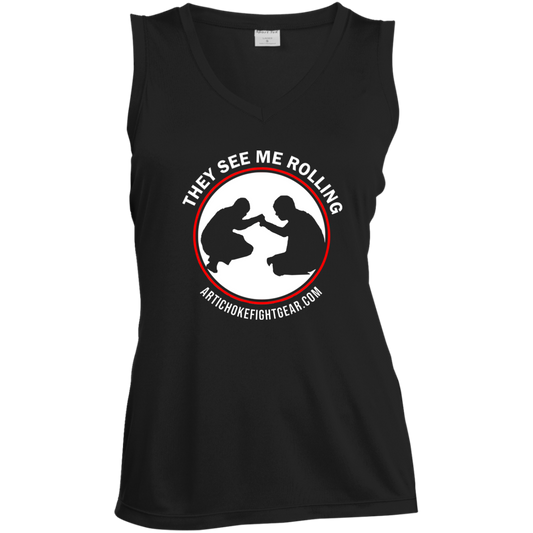 Artichoke Fight Gear Custom Design #16. They See Me Rolling. Ladies' Sleeveless V-Neck Performance Tee