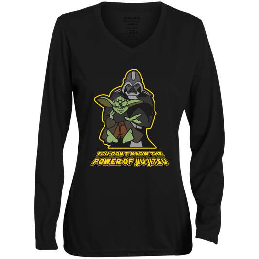 Artichoke Fight Gear Custom Design #20. You Don't Know the Power of Jiu Jitsu. Ladies' Moisture-Wicking Long Sleeve V-Neck Tee