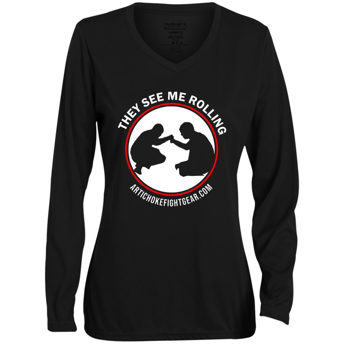 Artichoke Fight Gear Custom Design #16. They See Me Rolling. Ladies' Moisture-Wicking Long Sleeve V-Neck Tee