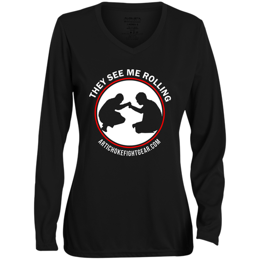 Artichoke Fight Gear Custom Design #16. They See Me Rolling. Ladies' Moisture-Wicking Long Sleeve V-Neck Tee