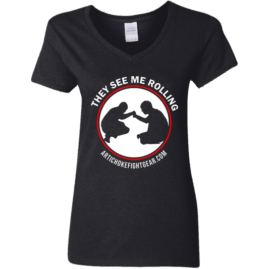 Artichoke Fight Gear Custom Design #16. They See Me Rolling. Ladies' 100% Cotton V-Neck T-Shirt