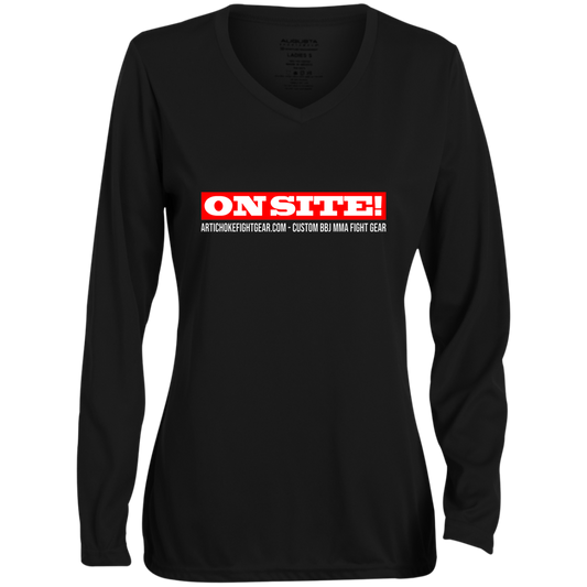 AFG Custom Design #14. ON SITE! Ladies' Moisture-Wicking Long Sleeve V-Neck Tee