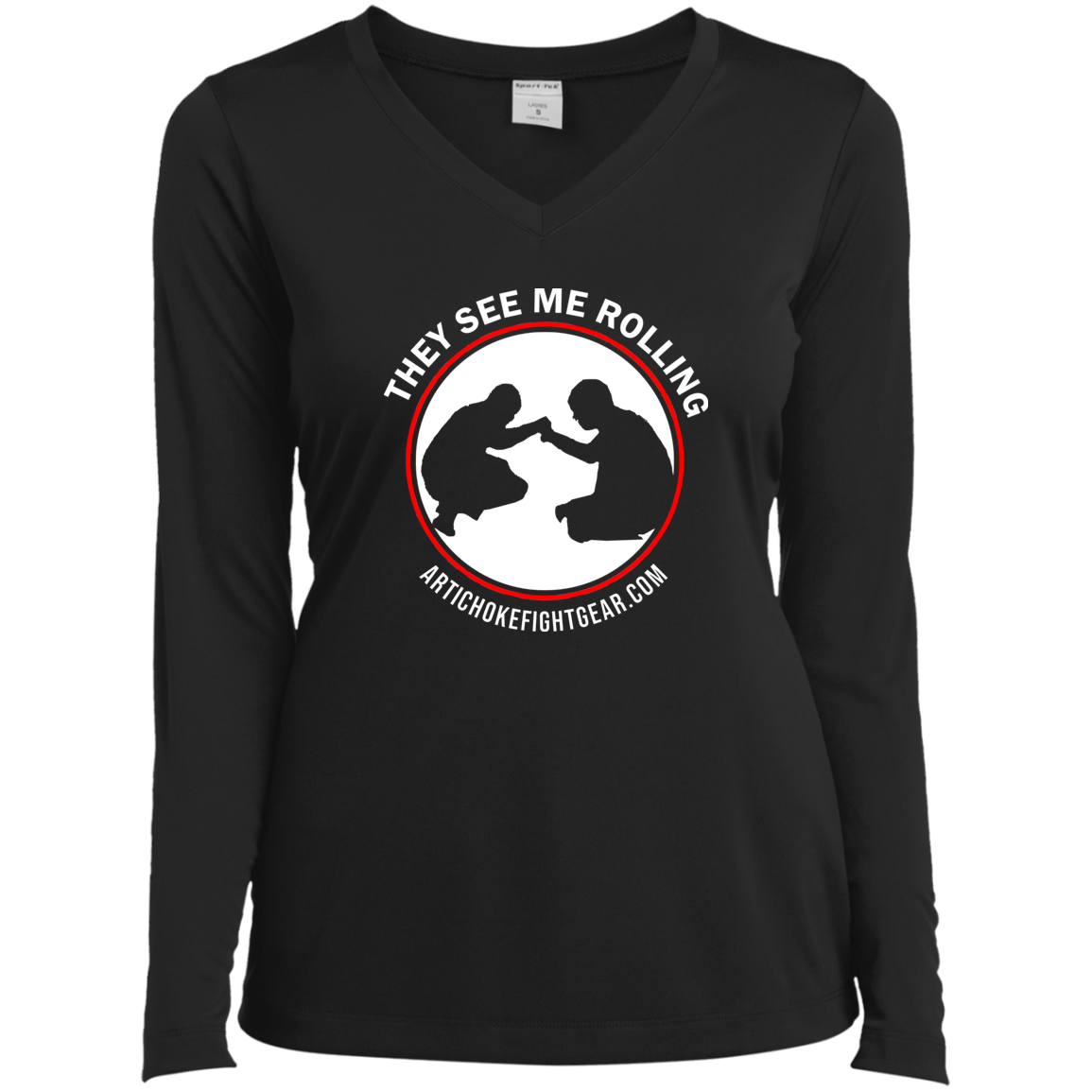 Artichoke Fight Gear Custom Design #16. They See Me Rolling. Ladies’ Long Sleeve Performance V-Neck Tee