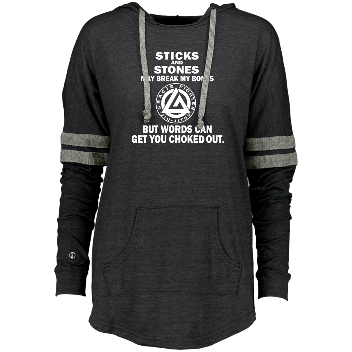 Artichoke Fight Gear Custom Design #19. Sticks and Stones. Ladies Hooded Low Key Pullover